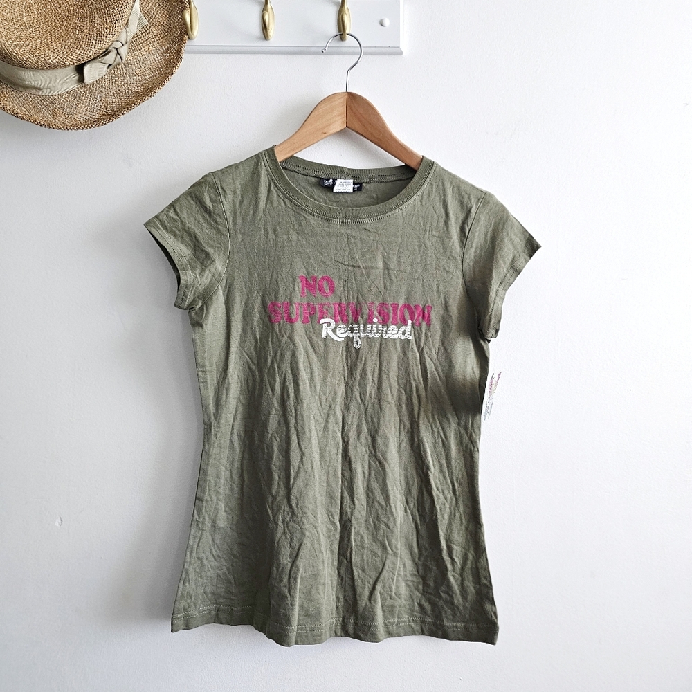 NWT Self Esteem Y2K Graphic Tee “No Supervision Required” Olive Green Size Large